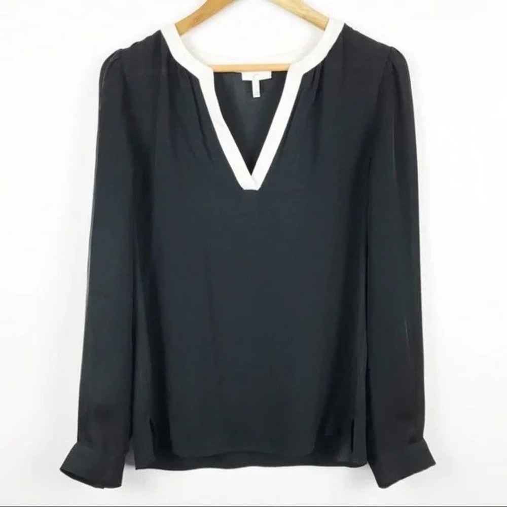 Joie 100% Silk Black White Trim V Neck Blouse Top Size‎ S Work Office Chic
